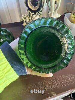 ANTIQUE Miniature Oil Lamp Green Glass Embossed Flowers Leaves HB& H Twilight