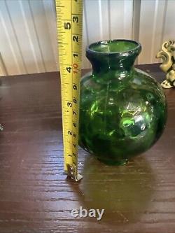 ANTIQUE Miniature Oil Lamp Green Glass Embossed Flowers Leaves HB& H Twilight