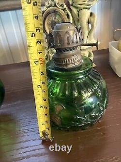 ANTIQUE Miniature Oil Lamp Green Glass Embossed Flowers Leaves HB& H Twilight