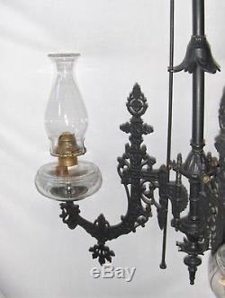 ANTIQUE OIL LAMP CHANDELIER 3 Arm CAST IRON Victorian Aesthetic Fixture