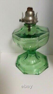 ANTIQUE OIL LAMP LARGE 1920s GREEN Paneled GREEK KEY PATTERN ANTIQUE OIL LAMP
