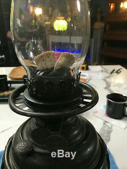 ANTIQUE ORIGINAL BRONZE STAINED GLASS E. M. DUPLEX&Co OIL LAMP HANDEL TIFFANY ERA