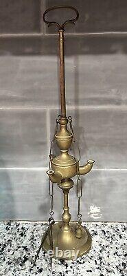 ANTIQUE ORIGINAL Late 1800's BRASS 3 WICK WHALE OIL LAMP 24 INCHES TALL EXT RARE