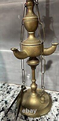 ANTIQUE ORIGINAL Late 1800's BRASS 3 WICK WHALE OIL LAMP 24 INCHES TALL EXT RARE