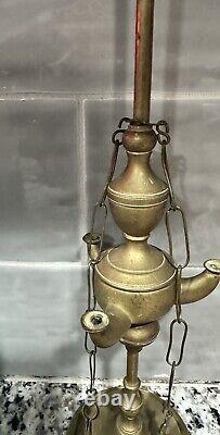 ANTIQUE ORIGINAL Late 1800's BRASS 3 WICK WHALE OIL LAMP 24 INCHES TALL EXT RARE