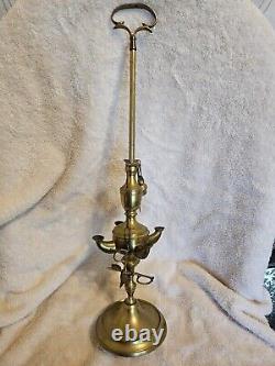 ANTIQUE ORIGINAL Late 1800's BRASS 4 WICK WHALE OIL LAMP 21 INCHES TALL EXT RARE