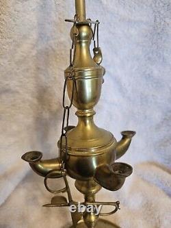 ANTIQUE ORIGINAL Late 1800's BRASS 4 WICK WHALE OIL LAMP 21 INCHES TALL EXT RARE