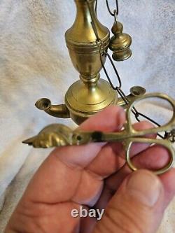 ANTIQUE ORIGINAL Late 1800's BRASS 4 WICK WHALE OIL LAMP 21 INCHES TALL EXT RARE