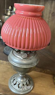 ANTIQUE Oil B&H Bradley& Hubbard Nickel Plated Stand Table Lamp Pink Glass Shade