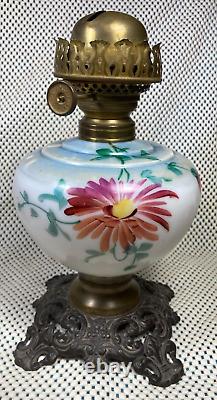 ANTIQUE Ornate HAND PAINTED GWTW Oil Lamp Square Stamped, 938 Phoenix, METAL FOOT