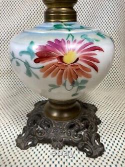 ANTIQUE Ornate HAND PAINTED GWTW Oil Lamp Square Stamped, 938 Phoenix, METAL FOOT