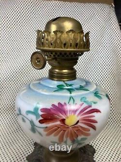 ANTIQUE Ornate HAND PAINTED GWTW Oil Lamp Square Stamped, 938 Phoenix, METAL FOOT