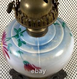 ANTIQUE Ornate HAND PAINTED GWTW Oil Lamp Square Stamped, 938 Phoenix, METAL FOOT