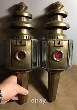 ANTIQUE PAIR BRASS KERO / OIL CARRIAGE COACH LAMPS c1880 Beveled Octagon Working