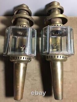ANTIQUE PAIR BRASS KERO / OIL CARRIAGE COACH LAMPS c1880 Beveled Octagon Working