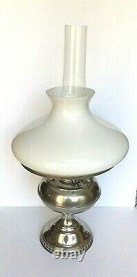 ANTIQUE RAYO KEROSENE OIL LAMP FOOT NICKEL with WHITE SHADE