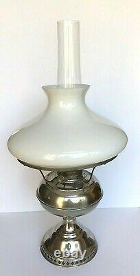 ANTIQUE RAYO KEROSENE OIL LAMP FOOT NICKEL with WHITE SHADE