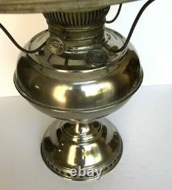 ANTIQUE RAYO KEROSENE OIL LAMP FOOT NICKEL with WHITE SHADE