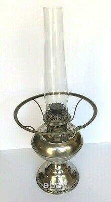 ANTIQUE RAYO KEROSENE OIL LAMP FOOT NICKEL with WHITE SHADE