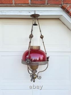 ANTIQUE RED RUBY VICTORIAN OIL PARLOR HANGING LAMP 1800's Eagle