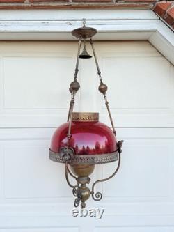 ANTIQUE RED RUBY VICTORIAN OIL PARLOR HANGING LAMP 1800's Eagle