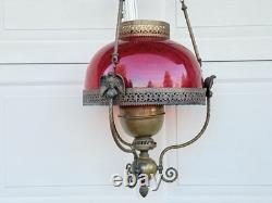 ANTIQUE RED RUBY VICTORIAN OIL PARLOR HANGING LAMP 1800's Eagle
