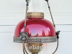 ANTIQUE RED RUBY VICTORIAN OIL PARLOR HANGING LAMP 1800's Eagle