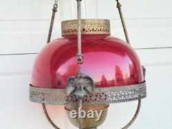 ANTIQUE RED RUBY VICTORIAN OIL PARLOR HANGING LAMP 1800's Eagle