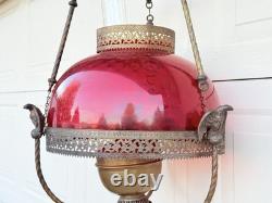 ANTIQUE RED RUBY VICTORIAN OIL PARLOR HANGING LAMP 1800's Eagle