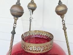 ANTIQUE RED RUBY VICTORIAN OIL PARLOR HANGING LAMP 1800's Eagle