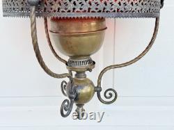 ANTIQUE RED RUBY VICTORIAN OIL PARLOR HANGING LAMP 1800's Eagle