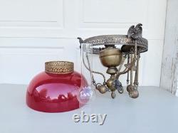 ANTIQUE RED RUBY VICTORIAN OIL PARLOR HANGING LAMP 1800's Eagle