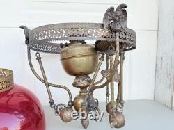 ANTIQUE RED RUBY VICTORIAN OIL PARLOR HANGING LAMP 1800's Eagle