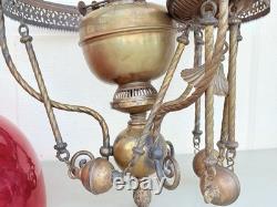 ANTIQUE RED RUBY VICTORIAN OIL PARLOR HANGING LAMP 1800's Eagle