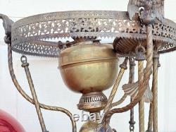 ANTIQUE RED RUBY VICTORIAN OIL PARLOR HANGING LAMP 1800's Eagle