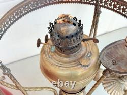 ANTIQUE RED RUBY VICTORIAN OIL PARLOR HANGING LAMP 1800's Eagle