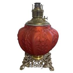 ANTIQUE RED SATIN GLASS OIL LAMP BASE With Royal Burner Working Circa 1892 USA