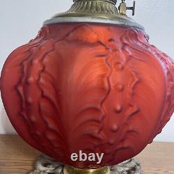 ANTIQUE RED SATIN GLASS OIL LAMP BASE With Royal Burner Working Circa 1892 USA