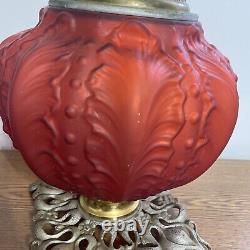 ANTIQUE RED SATIN GLASS OIL LAMP BASE With Royal Burner Working Circa 1892 USA