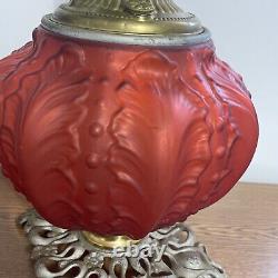 ANTIQUE RED SATIN GLASS OIL LAMP BASE With Royal Burner Working Circa 1892 USA