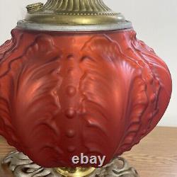 ANTIQUE RED SATIN GLASS OIL LAMP BASE With Royal Burner Working Circa 1892 USA