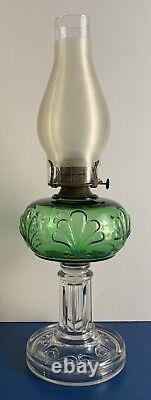 ANTIQUE-RIVERSIDE-EMERALD GREEN-FERN OIL LAMP-1890s-URANIUM GLASS-BANNER BURNER