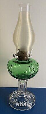 ANTIQUE-RIVERSIDE-EMERALD GREEN-FERN OIL LAMP-1890s-URANIUM GLASS-BANNER BURNER