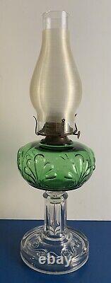 ANTIQUE-RIVERSIDE-EMERALD GREEN-FERN OIL LAMP-1890s-URANIUM GLASS-BANNER BURNER