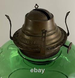 ANTIQUE-RIVERSIDE-EMERALD GREEN-FERN OIL LAMP-1890s-URANIUM GLASS-BANNER BURNER