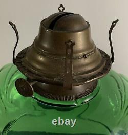 ANTIQUE-RIVERSIDE-EMERALD GREEN-FERN OIL LAMP-1890s-URANIUM GLASS-BANNER BURNER