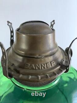 ANTIQUE-RIVERSIDE-EMERALD GREEN-FERN OIL LAMP-1890s-URANIUM GLASS-BANNER BURNER