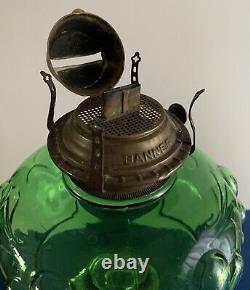 ANTIQUE-RIVERSIDE-EMERALD GREEN-FERN OIL LAMP-1890s-URANIUM GLASS-BANNER BURNER