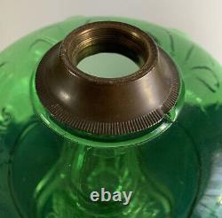 ANTIQUE-RIVERSIDE-EMERALD GREEN-FERN OIL LAMP-1890s-URANIUM GLASS-BANNER BURNER