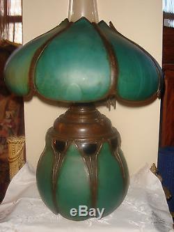 ANTIQUE TIFFANY QUALITY STAINED GLASS BRONZE OIL LAMP With MILLER BURNER